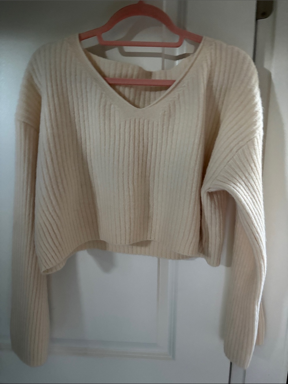 SHEIN Ribbed V-Neck Cropped Sweater - Cream